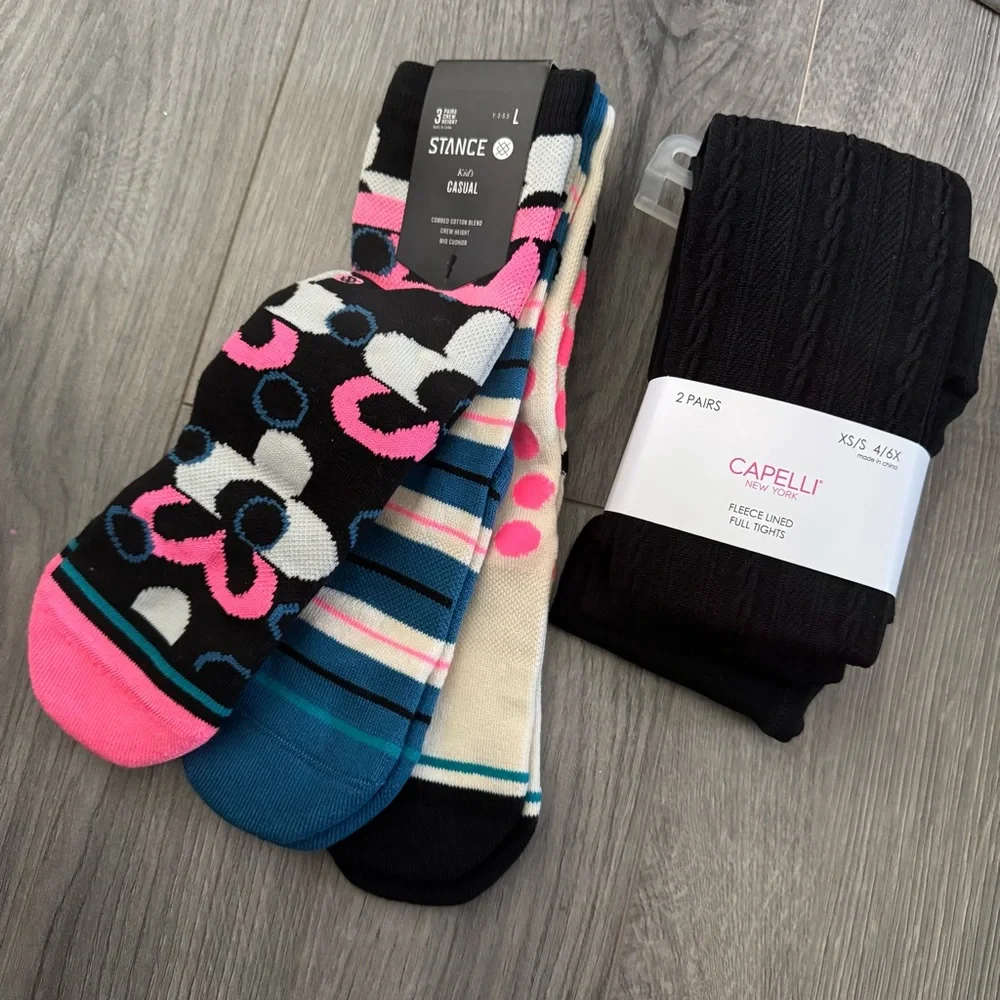 Stance Socks & Capelli Fleece Lined Tights 5 Item Bundle Black Pink Blue Floral